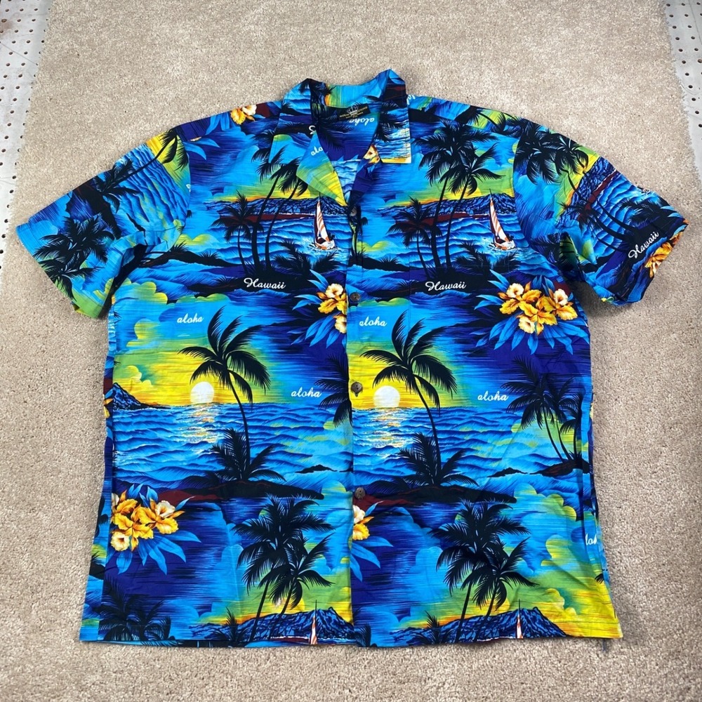 Royal Creations Mens XXL Hawaiian Shirt Blue Tropical Sunset‎ Cotton Made in USA